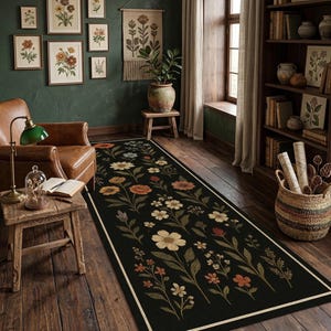 Alfombra de pasillo floral con estampado de flores silvestres coloridas, alfombra de pasillo botánica para cocina, alfombra larga de estilo rústico bohemio para pasillo.