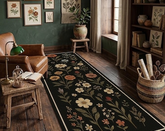Tappeto passatoia floreale con motivo di fiori selvatici colorati, tappeto passatoia botanico per cucina, tappeto lungo in stile boho rustico per corridoio.