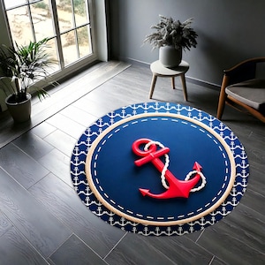 Nautical Anchor Round Rug, Red Anchor Kids Room Carpet, Marine Theme Nursery Rug, Coastal Beach House Decor, Ocean Baby Playmat