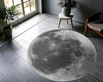 Full Moon Round Rug, Realistic Space-Inspired Lunar Area Carpet for Bedroom, Living Room, Nursery