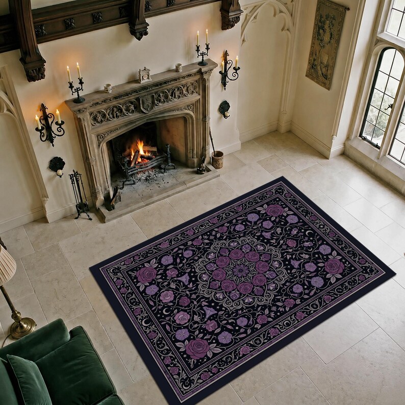 May include: A rectangular area rug featuring a dark black background with a central purple floral mandala pattern, surrounded by a border of purple roses, vines, and small crescent moon motifs, all rendered in shades of purple, gray, and white.