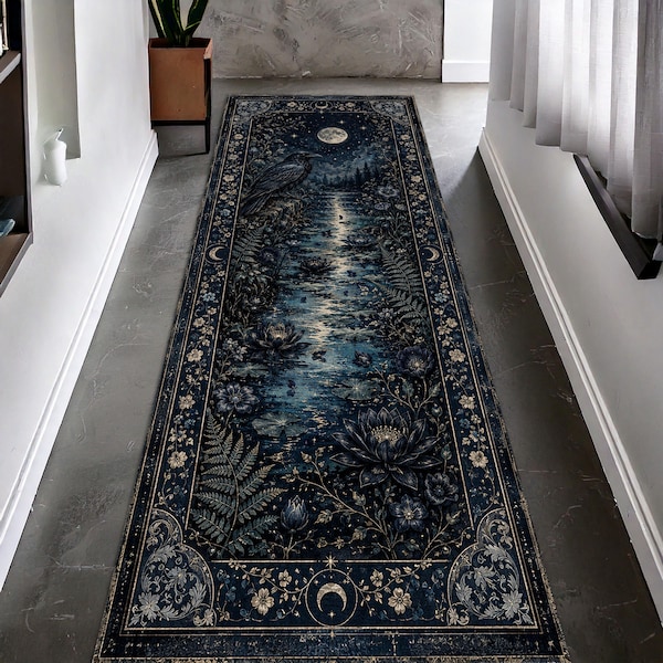 Raven Lake Runner Rug Gothic Moonlight Floral Hallway Carpet Dark Botanical Celestial Witchy Decor Rug