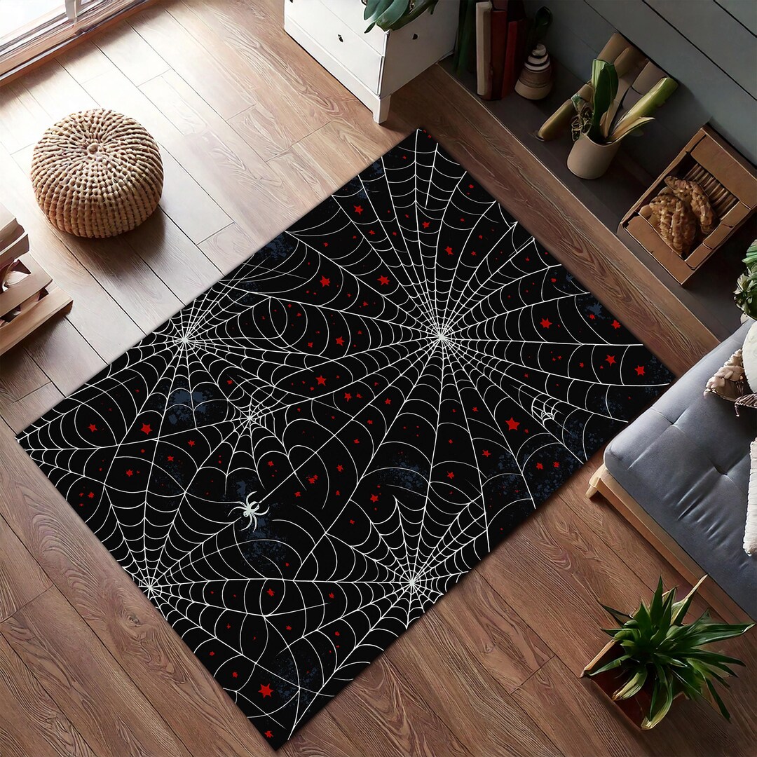 Gothic Spider Web Rug – Black Carpet With Red Stars and Creepy Web ...