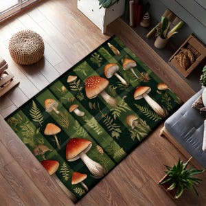 Forest Mushroom Rug, Woodland Botanical Carpet, Cottagecore Nature Inspired Toadstool Rug for Living Room Bedroom Decor
