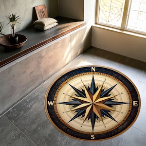 Tapis rose des vents, tapis rond nautique, décoration maritime de style carte ancienne pour chambres sur le thème de l'explorateur