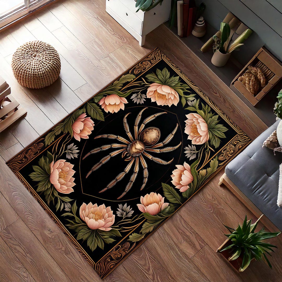 Modern Black Insect Rug Floral Spider Rug, Gothic Insect Art Carpet, Dark Botanical Tapestry ...