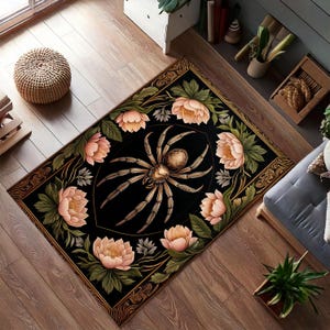 Floral Spider Rug, Gothic Insect Art Carpet, Dark Botanical Tapestry-Style Rug for Witchy or Alternative Home Decor