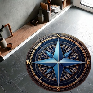Moderner Kompass Teppich, Tiefblauer Runder Teppich, Gold Navy Marine Teppich Dekor für Arbeitszimmer, Büro oder Wohnzimmer