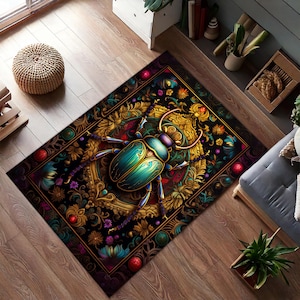 Mystical Scarab Beetle Rug, Ancient Egyptian Inspired Bug Carpet, Boho Occult Insect Area Rug for Bedroom Living Room