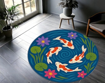 Koi Fish Round Rug – Japanese Minimalist Pond Carpet with Lotus & Water Pattern, Zen Inspired Oriental Rug for Living Room or Bedroom