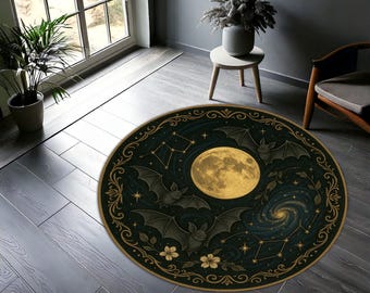 Celestial Moon Bat Round Rug – Gothic Halloween Carpet with Constellations & Stars, Mystical Night Sky Rug for Witchy Home Décor