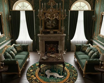 Alfombra Zorro del Bosque Verde Encantado, Alfombra Redonda Botánica de Bosque, Decoración Mística de Naturaleza para Sala de Estar, Dormitorio o Habitación Infantil