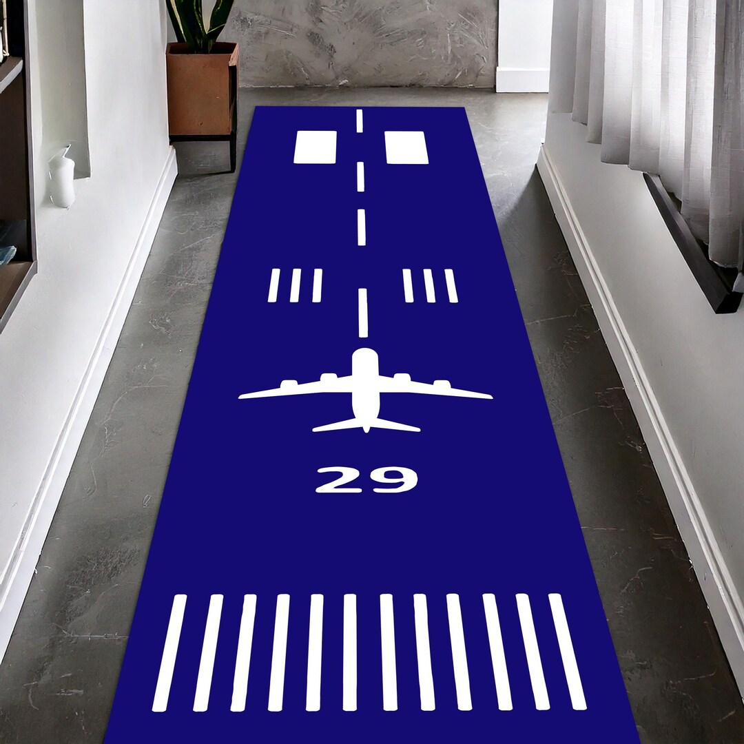 Blue Runway Airplane Rug, Aviation Landing Strip Runner Carpet for Kids ...