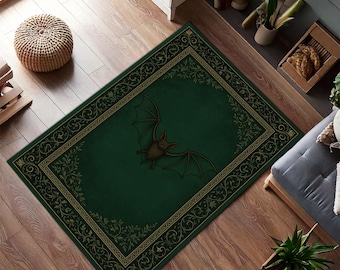 Gothic Green Rug with Bat Motif – Dark Boho Decorative Carpet for Bedroom or Living Room