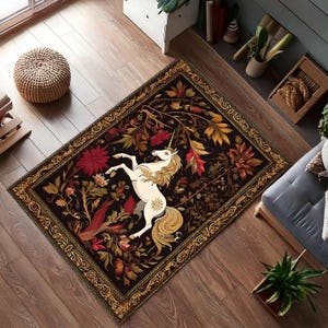 Mystical Unicorn Tapestry Rug, Medieval Floral Fantasy Carpet, Gothic Fairycore Floor Decor for Living Room or Bedroom