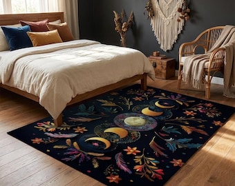 Farbenfroher Mondphasen-Teppich, Himmlischer Boho-Blumenteppich, lebhafter Botanischer Mond-Dekor-Teppich für Schlafzimmer Wohnzimmer