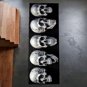 Gothic Skull Runner Rug, Dark Horror-Themed Long Hallway Carpet, Black Aesthetic Skeleton Skull Floor Mat for Bedroom or Studio