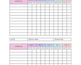 May include: A white workout planner with the title "WORKOUT PLANNER" in a bold, dark gray font. The planner includes sections for date, focus area, and duration, with tables to track exercises, sets, weight, and reps.