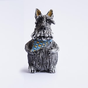 Cute Clay Dog Figurine – Handmade Cartoon Dog with Blue Yellow Scarf, 6 cm Grey Fluffy Character, Hand Painted Miniature Sculpture