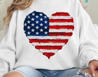4th of July PNG Flag Heart Oil Painting USA Patriotic Clipart Red White Blue Stars Brushstroke Sublimation Hand Drawn Design PNG