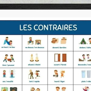 Französisches Gegensatzpaar Poster für Kinder | Les Contraires Druckbare Tabelle | Französisch Wortschatz Wand Kunst | Homeschool-Ressource
