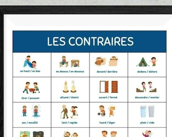 May include: A colourful chart with the French word "LES CONTRAIRES" at the top, meaning "opposites". The chart features 12 pairs of opposite words in French, each illustrated with a simple cartoon image.