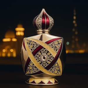 Könnte beinhalten: Verziertes Parfümfläschchen mit silbernem Körper, akzentuiert durch bordeauxrote und goldene geometrische Designs. Die Flasche hat einen dekorativen, juwelenfarbenen Verschluss und ist mit kleinen gelben Edelsteinen verziert. Der Hintergrund ist verschwommen.