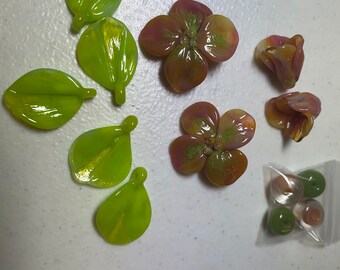 Hand made Lampwork Flower Buds and leaves beads Spectacular Sets DESTASH