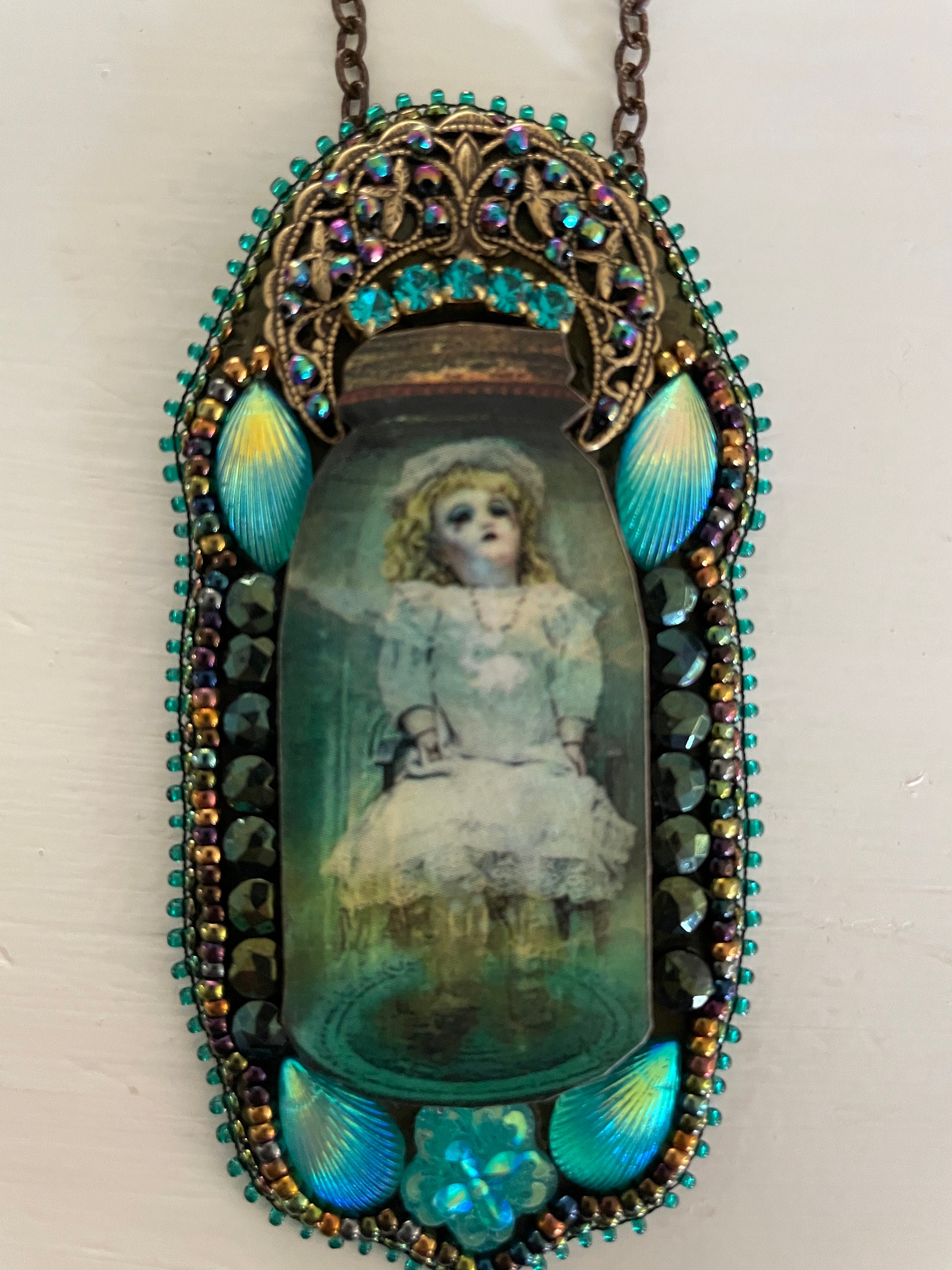 Gift FUN Pop Art wood cut Halloween doll in bottle pendant necklace