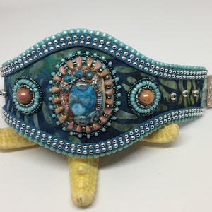 Handmade Cuff Bracelet with Polymer crafted Cabochons fabric batik Gift turquoise jade tan