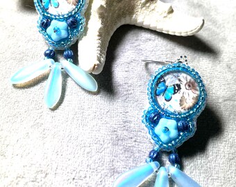 Baby Blue Butterfly Fun and Easy Kit Earrings with Pattern Tutorial Bead Embroidery flowers beginners