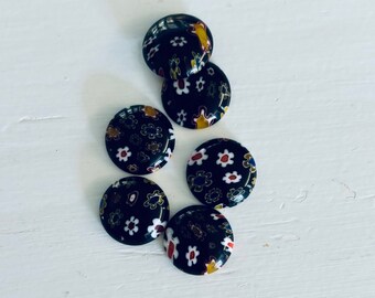 Vintage glass millefiori cabochon lot black base with flower color lampwork