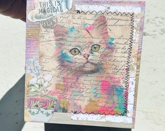 Gift Art mixed media tissue box cover square wood cat