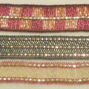 May include: Three beaded bracelets with different patterns and colors. The top bracelet is red and orange, the middle bracelet is green and gold, and the bottom bracelet is pink and gold.