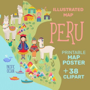 Carte Illustrée du Pérou + 38 Cliparts PNG fond transparent | Fichiers à imprimer | Décoration éducative & ludique