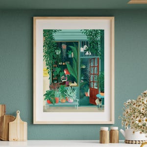 Poster con fiorista e gatto – Negozio di fiori e piante – Illustrazione decorativa di piante e negozio di piante | Stampa artistica da parete dall'atmosfera accogliente