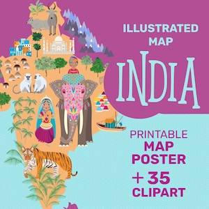 Carte Illustrée de l'Inde + 35 Cliparts PNG fond transparent | Fichiers à imprimer | Décoration éducative & ludique