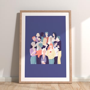 Manifesto per l'aperitivo serale: illustrazione di un'atmosfera festosa, gruppo di persone come elemento decorativo da parete, arredamento amichevole, illustrazione di un personaggio.