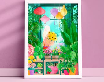 Flower and plant poster – Illustration of a colorful flower shop, plant decor, flowers & indoor greenery