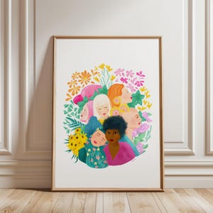 Poster della Sorellanza – Illustrazione di donne colorate – Stampa artistica floreale – Poster da parete sulla diversità e l'emancipazione