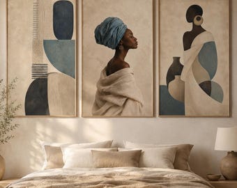 Ensemble d'art mural afrocentrique, impressions femme bleu noir bleu sarcelle, décoration de chambre à coucher Japandi (téléchargement numérique)