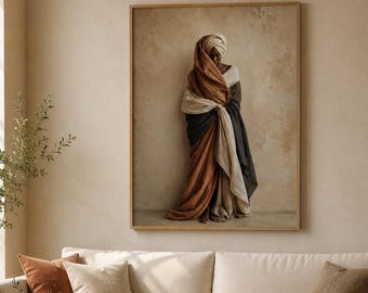 Art portrait de femme noire aux tons terre, décoration murale afrocentrique Wabi Sabi neutre (téléchargement numérique)