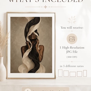 Peut inclure: Une impression d'art encadr&eacute;e repr&eacute;sentant une femme &agrave; la peau fonc&eacute;e, le visage partiellement cach&eacute; par un tissu noir et blanc fluide. L'&oelig;uvre est dans un cadre dor&eacute;, avec le texte "WHAT'S INCLUDED" et "Instant Digital Download".