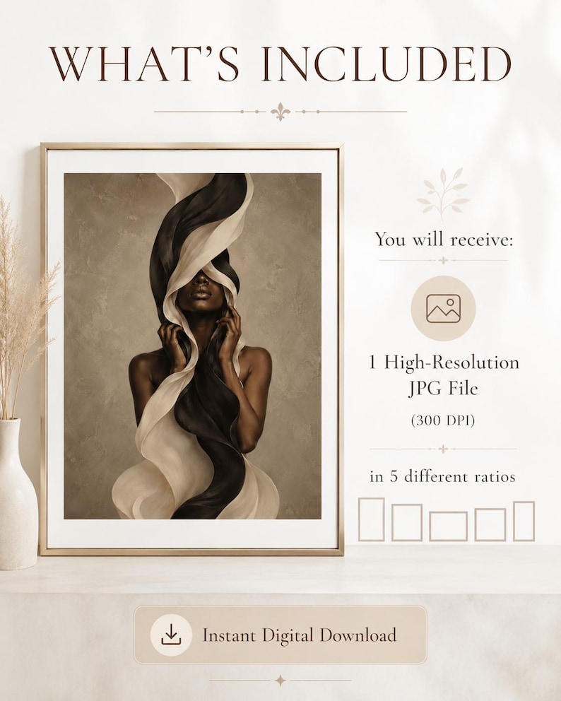 Peut inclure: Une impression d'art encadr&eacute;e repr&eacute;sentant une femme &agrave; la peau fonc&eacute;e, le visage partiellement cach&eacute; par un tissu noir et blanc fluide. L'&oelig;uvre est dans un cadre dor&eacute;, avec le texte "WHAT'S INCLUDED" et "Instant Digital Download".