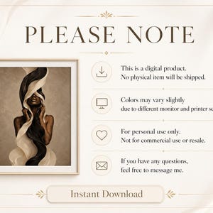 Peut inclure: Une impression d'art encadr&eacute;e repr&eacute;sentant une femme &agrave; la peau noire, le visage partiellement voil&eacute; par un tissu noir et blanc fluide. L'&oelig;uvre est plac&eacute;e sur un fond neutre. Le texte "PLEASE NOTE" et "Instant Download" sont &eacute;galement visibles.