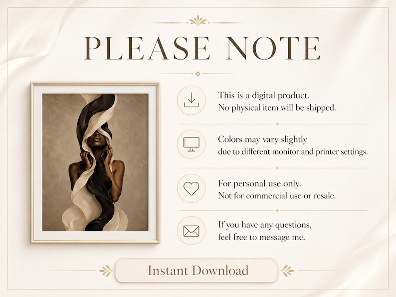 Peut inclure: Une impression d'art encadr&eacute;e repr&eacute;sentant une femme &agrave; la peau noire, le visage partiellement voil&eacute; par un tissu noir et blanc fluide. L'&oelig;uvre est plac&eacute;e sur un fond neutre. Le texte "PLEASE NOTE" et "Instant Download" sont &eacute;galement visibles.