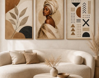 Ensemble d'art mural afrocentrique, impressions de femmes noires, galerie minimaliste beige (téléchargement numérique)