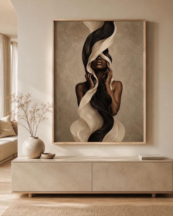 Abstract Black Woman Portrait, Neutral Afrocentric Wall Art (Digital Download)