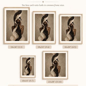 Peut inclure: Un guide des tailles pr&eacute;sente des tirages d'art encadr&eacute;s en diff&eacute;rentes dimensions, dont 61x91 cm, 46x61 cm, 41x51 cm, 25x36 cm et 56x71 cm. Chaque tirage repr&eacute;sente une femme avec des tissus noirs et blancs fluides. Le texte indique "SIZE GUIDE".