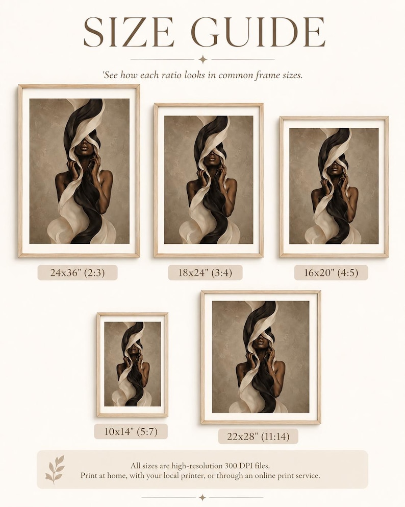 Peut inclure: Un guide des tailles pr&eacute;sente des tirages d'art encadr&eacute;s en diff&eacute;rentes dimensions, dont 61x91 cm, 46x61 cm, 41x51 cm, 25x36 cm et 56x71 cm. Chaque tirage repr&eacute;sente une femme avec des tissus noirs et blancs fluides. Le texte indique "SIZE GUIDE".